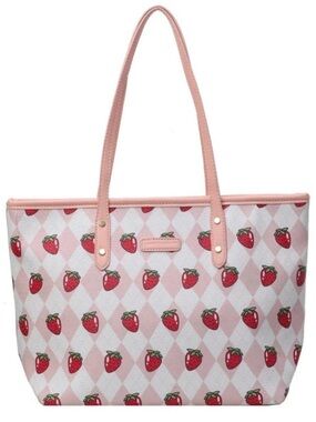 Pink Strawberry-Print Tote Bag with Pale Pink Handles